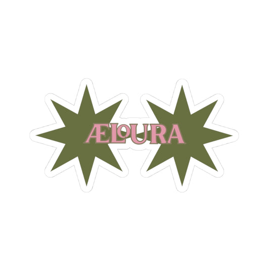 Aeloura Kiss-Cut Starburst Sticker — Olive Green & Pink Laptop Decal
